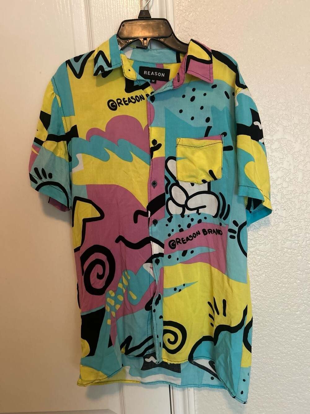 Reason Clothing Men's Abstract 90s Style Geometric Short Sleeve Button Down Shir